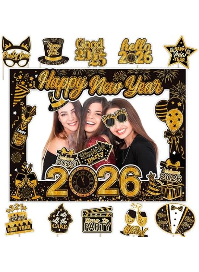 Happy New Year’s Decorations 2026, New Year’s Eve Photo Booth Props, 2026 New Year Party Selfie Frame & Photo Props for Nye Party Decorations Supplies