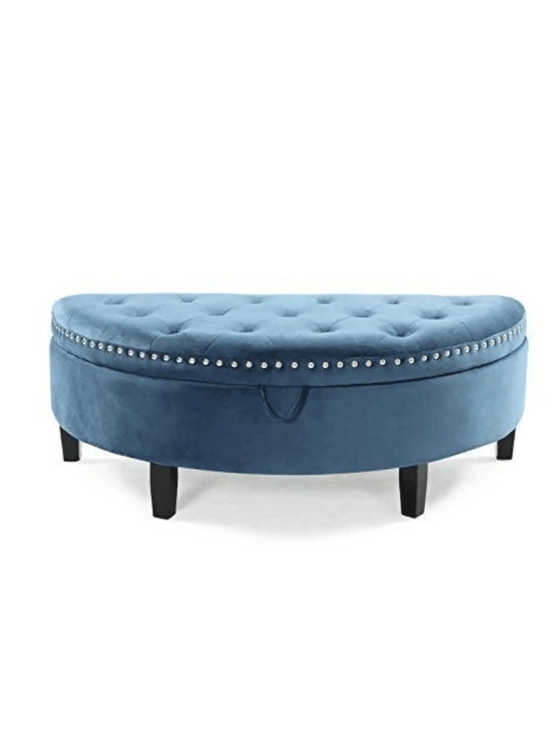 Wooden Twist Half Moon Velvet Tufted Storage Bench Footstool Bed End Table For Living Room  - Image 1