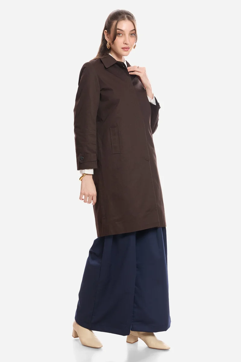 Virgio coffee brown Solid Cotton Shirt Collared Trench Coat for Women for Women | Best Price UAE