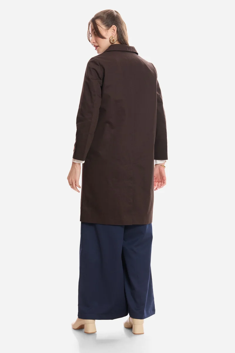 Virgio coffee brown Solid Cotton Shirt Collared Trench Coat for Women for Women | Best Price UAE