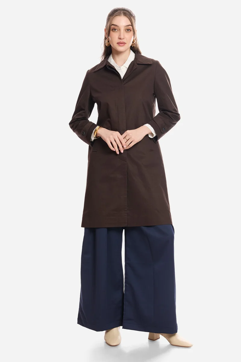 فيرجيو Solid Cotton Shirt Collared Trench Coat for Women