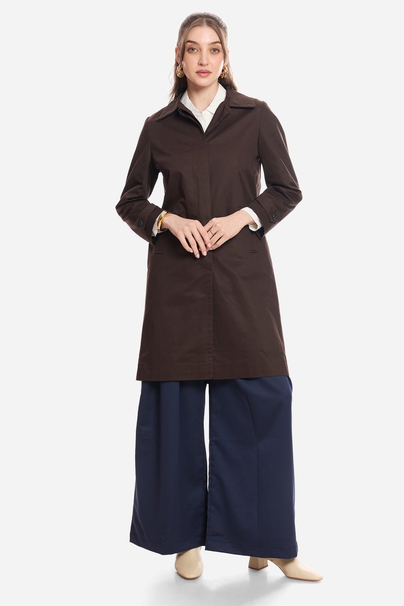Virgio Solid Cotton Shirt Collared Trench Coat for Women - Image 2