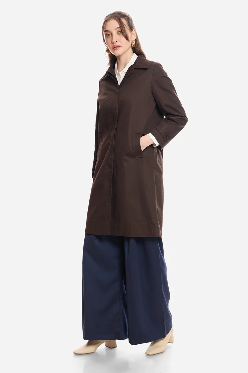 Virgio coffee brown Solid Cotton Shirt Collared Trench Coat for Women for Women | Best Price UAE