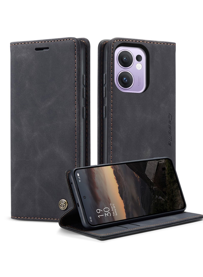 CaseMe Phone Case Luxury PU Leather Design 013 Flip Cover Card Slot Holder Cover For Oppo Reno 13F (Black ) - Image 2