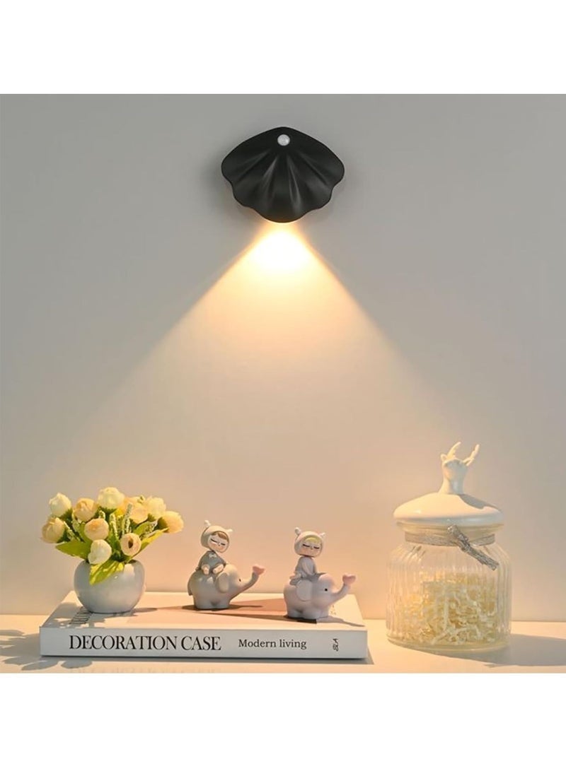 Motion Sensor Night Wall Lighting, Rechargeable Battery Operated Wall Lighting, Dimmable 3 Colors Temperature LED Shell Lamp, Wireless Magnetic Wall Light for Bedroom Staircase Hallway, Black (1 Pack, Black) - Image 1