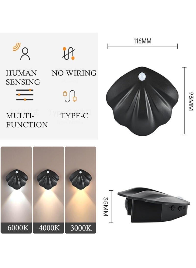 Motion Sensor Night Wall Lighting, Rechargeable Battery Operated Wall Lighting, Dimmable 3 Colors Temperature LED Shell Lamp, Wireless Magnetic Wall Light for Bedroom Staircase Hallway, Black (1 Pack, Black) - Image 2