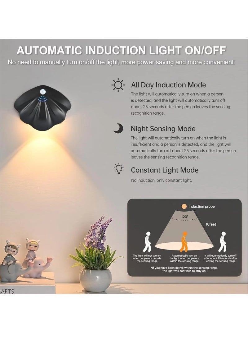 Motion Sensor Night Wall Lighting, Rechargeable Battery Operated Wall Lighting, Dimmable 3 Colors Temperature LED Shell Lamp, Wireless Magnetic Wall Light for Bedroom Staircase Hallway, Black (1 Pack, Black) - Image 4