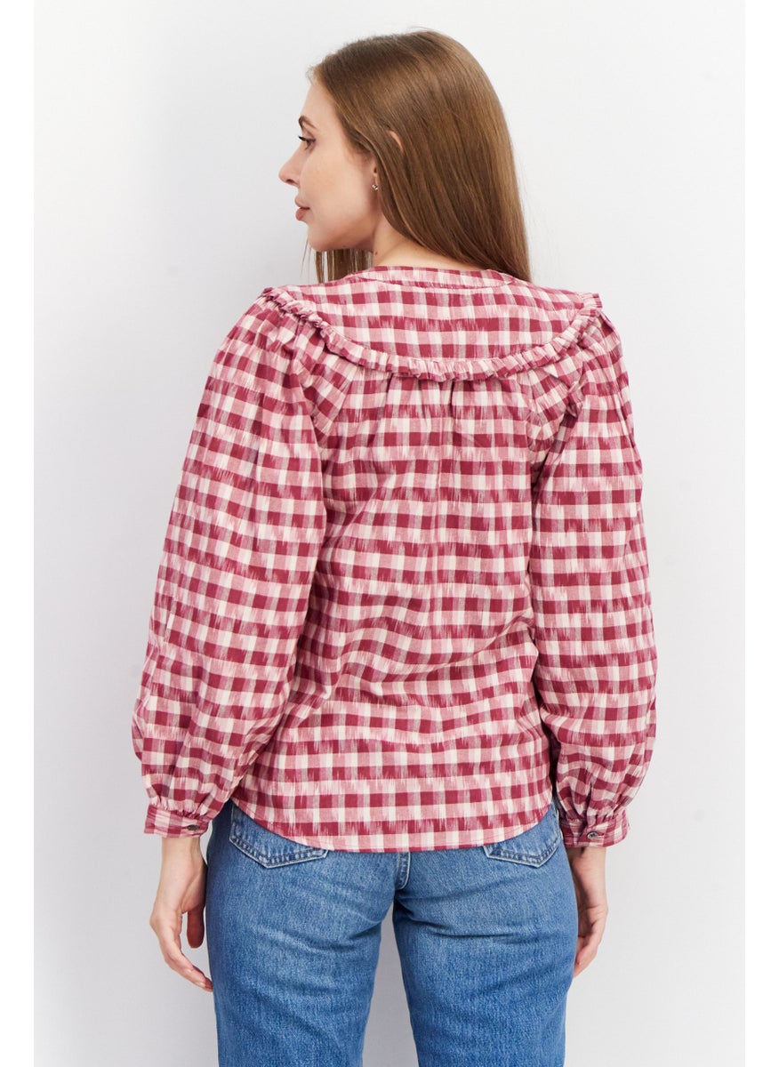 joie - Women Crew Neck Long Sleeve Checkered Blouse, Burgundy - Image 1