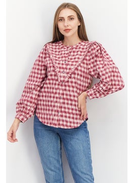 Women Crew Neck Long Sleeve Checkered Blouse, Burgundy