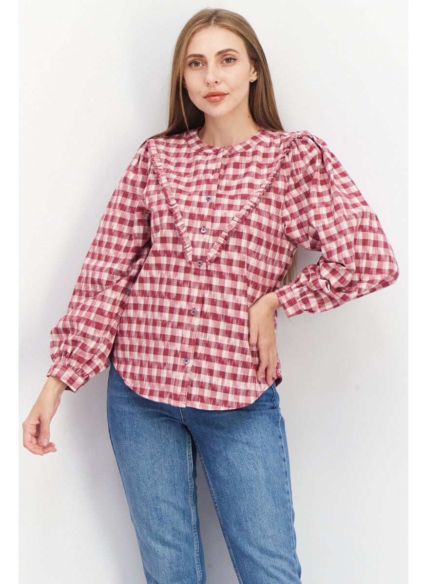 joie - Women Crew Neck Long Sleeve Checkered Blouse, Burgundy - Image 1
