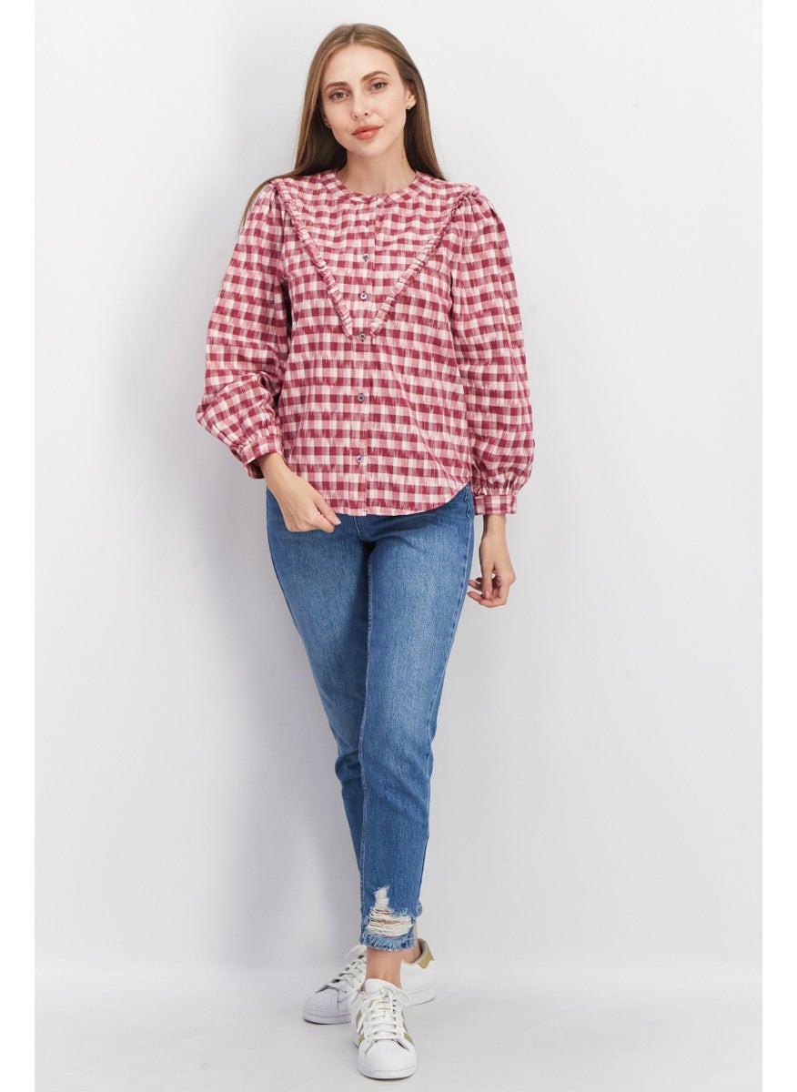 joie - Women Crew Neck Long Sleeve Checkered Blouse, Burgundy - Image 1