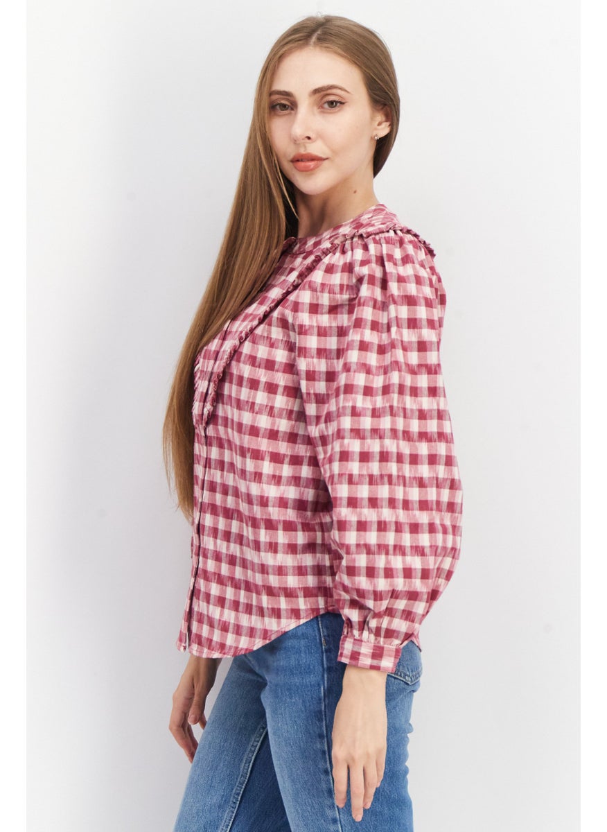 joie - Women Crew Neck Long Sleeve Checkered Blouse, Burgundy - Image 1