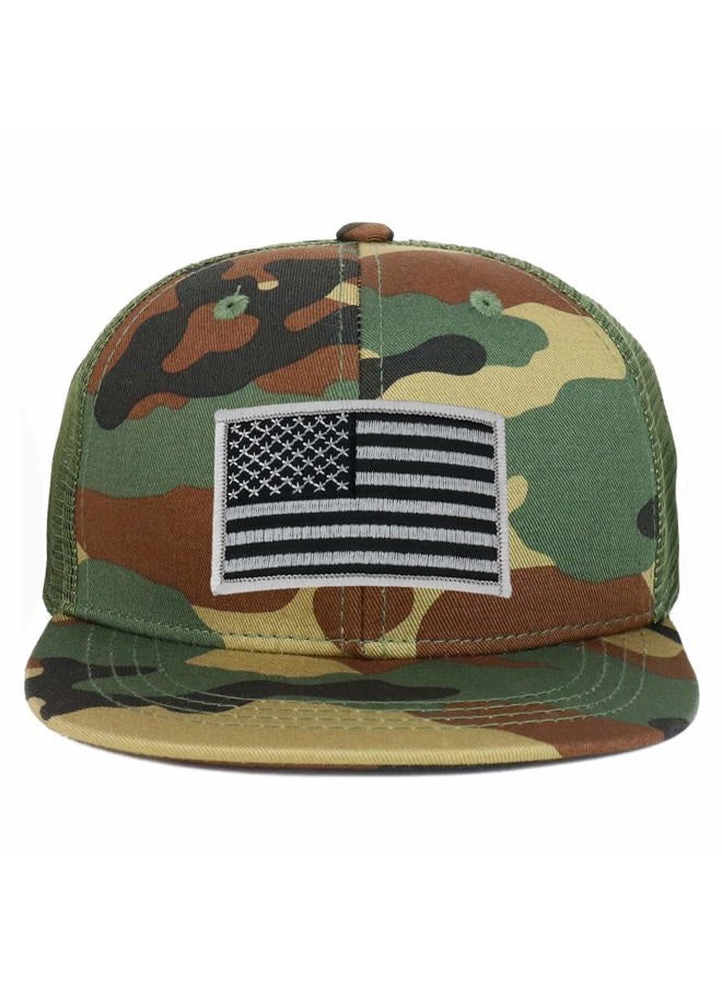 Armycrew Youth Kid's Grey American Flag Patch Flat Bill Snapback Trucker Cap - Black Black - Image 1