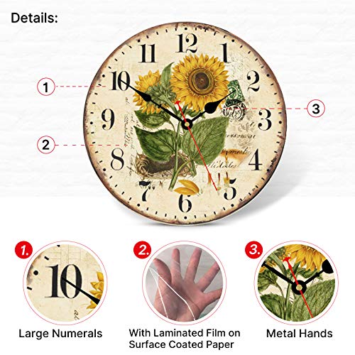 TAHEAT 14 Inch Beautiful Sunflower Wall Clock, Vintage Country Floral Silent Non Ticking Clocks, Wooden Round Easy to Read Wall Clock for Kitchen/Living Room/Bedroom/Bathroom - Image 4