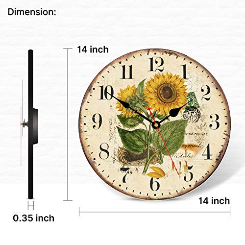TAHEAT 14 Inch Beautiful Sunflower Wall Clock, Vintage Country Floral Silent Non Ticking Clocks, Wooden Round Easy to Read Wall Clock for Kitchen/Living Room/Bedroom/Bathroom - Image 5