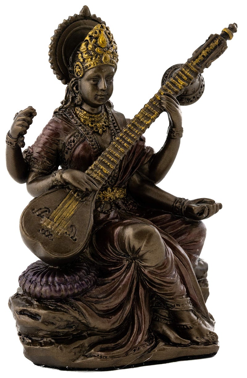 Top Collection Mini Saraswati Statue - Hindu Goddess of Knowledge, Music, Arts, and Wisdom Sculpture in Premium Cold Cast Bronze - 3-Inch Collectible Figurine (Sm. Saraswati) - Image 4