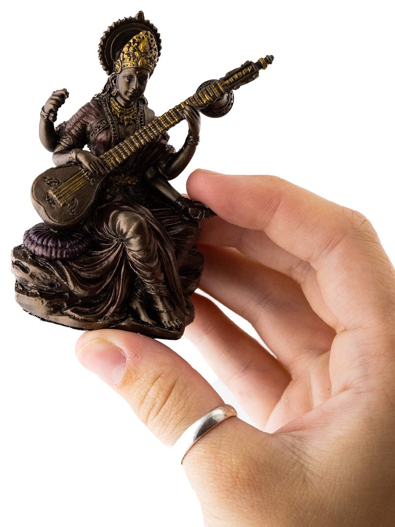 Top Collection Mini Saraswati Statue - Hindu Goddess of Knowledge, Music, Arts, and Wisdom Sculpture in Premium Cold Cast Bronze - 3-Inch Collectible Figurine (Sm. Saraswati) - Image 5