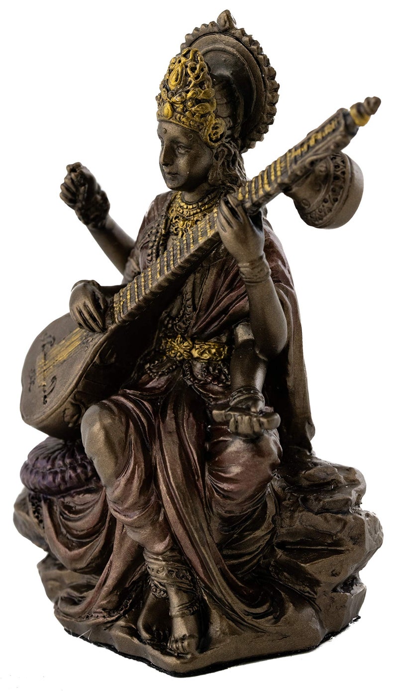 Top Collection Mini Saraswati Statue - Hindu Goddess of Knowledge, Music, Arts, and Wisdom Sculpture in Premium Cold Cast Bronze - 3-Inch Collectible Figurine (Sm. Saraswati) - Image 2