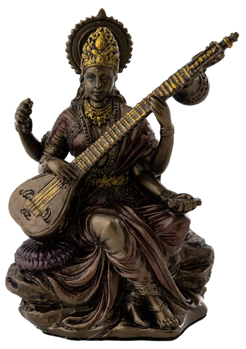 Top Collection Mini Saraswati Statue - Hindu Goddess of Knowledge, Music, Arts, and Wisdom Sculpture in Premium Cold Cast Bronze - 3-Inch Collectible Figurine (Sm. Saraswati) - Image 1