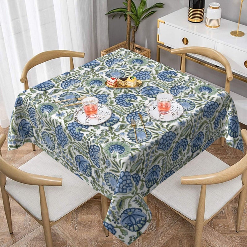Sorktse Blue Sage Green Floral Tablecloth Square 54 Inch Vintage Chinoiserie Floral Table Cloth Polyester Fabric Spring Summer Boho Flowers Table Cover for Kitchen Holiday Party Dining Picnic Outdoor Decor - Image 2