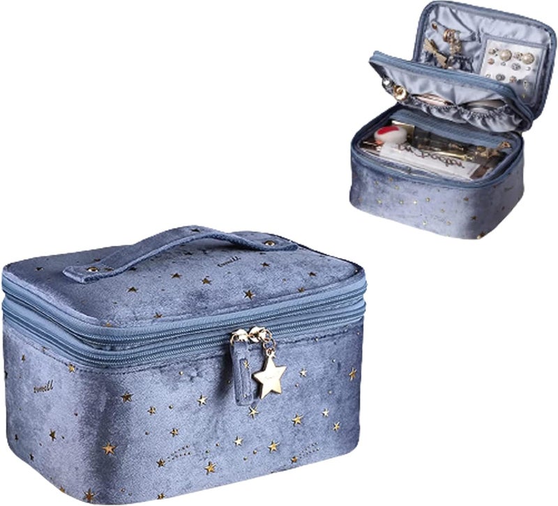 comfrt Large Capacity Velvet Cosmetic Bag, Star Embroidery Cosmetic Storage Case, with Handle Makeup Brush Holder Double Layer Bag Large (A-Blue) - Image 1