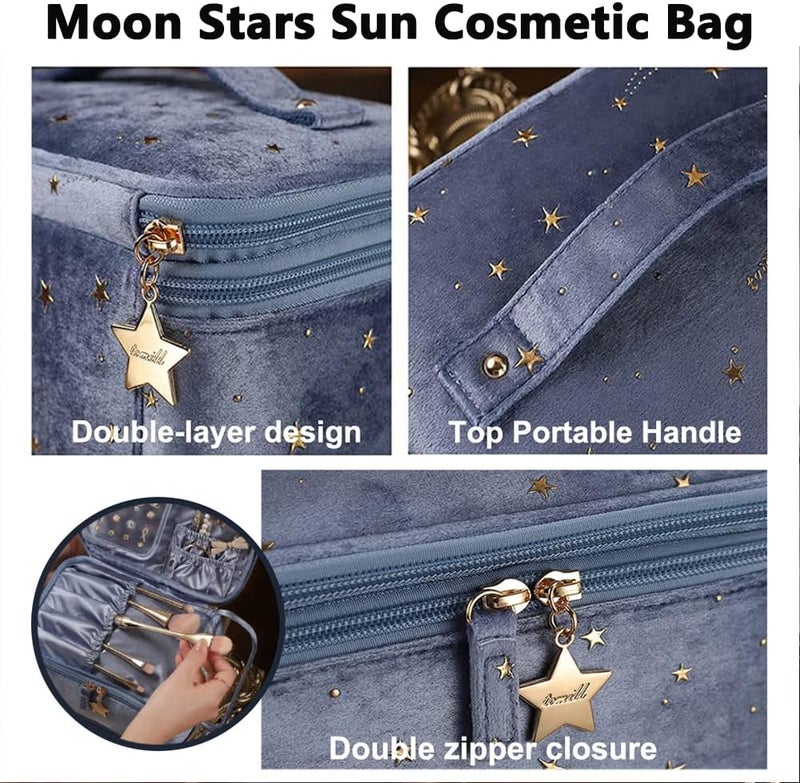 comfrt Large Capacity Velvet Cosmetic Bag, Star Embroidery Cosmetic Storage Case, with Handle Makeup Brush Holder Double Layer Bag Large (A-Blue) - Image 3