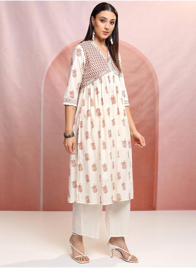 Vishudh - Women Peach Floral Printed V-Neck Cotton Kurta Set by Styli - Image 1