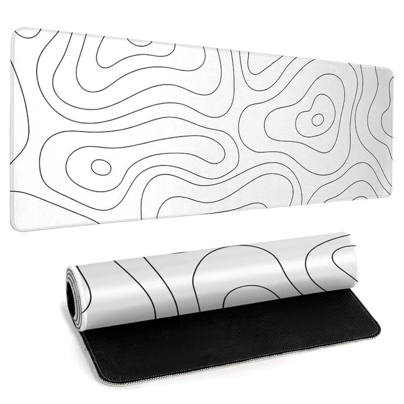 llzdeuan White Large Gaming Mouse Pad Desk Pad Topographic Map Big Keyboard Mat 31.5x11.8inch Computer Mousepad with Stitched Edge Non-Slip Rubber Base - Image 1