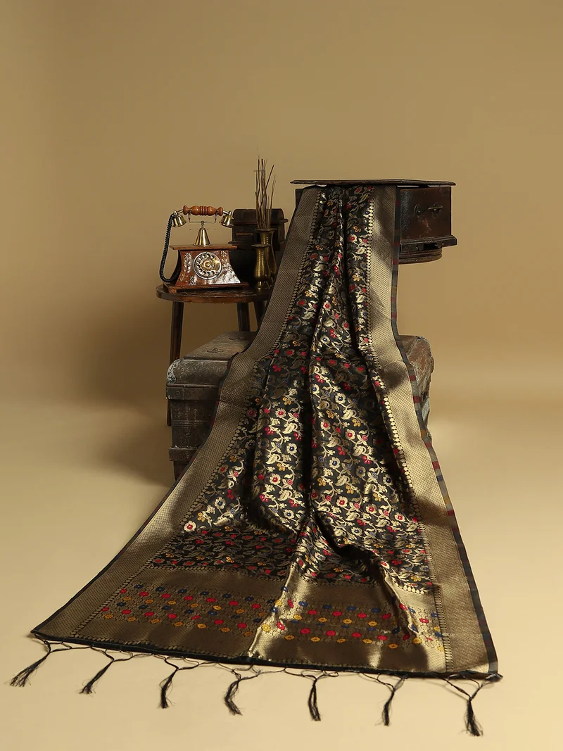 Globus Women Black Floral Woven Design Brocade Tasselled Border Festive Dupatta