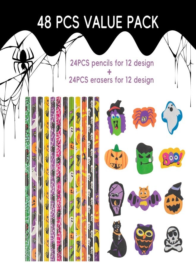 CIPOWM 24 Pcs Halloween Pencils Ghost Pumpkin Wood Pencils with 24 Pcs Giant Eraser Assorted Designs Halloween Stationery Pencil for Halloween Party Favor Gift Prize Reward - Image 2
