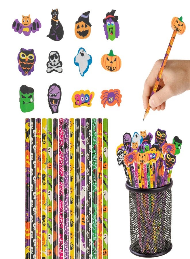 CIPOWM 24 Pcs Halloween Pencils Ghost Pumpkin Wood Pencils with 24 Pcs Giant Eraser Assorted Designs Halloween Stationery Pencil for Halloween Party Favor Gift Prize Reward - Image 1