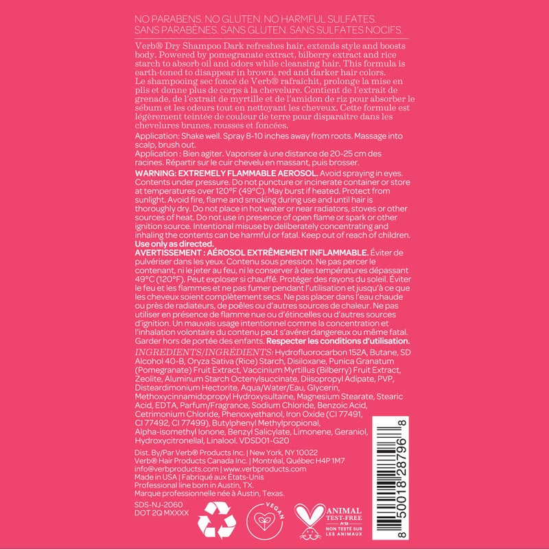 VERB Dry Shampoo Dark, 1.7 oz â€“ Refresh, Absorb Oils + Extends Styles - Refreshing Dry Shampoo Spray for Dark Tones - Vegan, No Parabens or Harmful Sulfates - Image 3