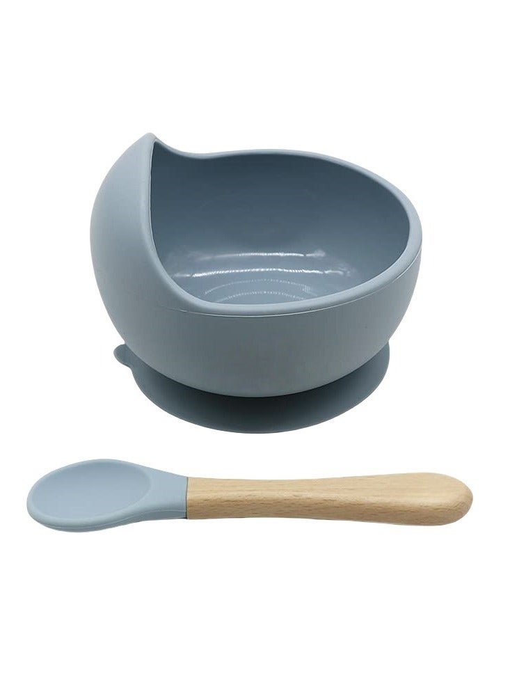 Quality Silicone Baby Suction Bowl, Microwave Safe to 200°C, Freezer Safe to -20°C,With a Wooden-handled Spoo，Blue