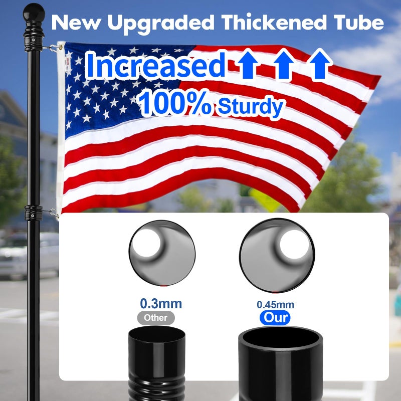 Anovo Flag Pole Kit- Upgraded Holder, Stainless Steel 5 FT Flag Poles with1 Inch Metal 360Â° Rotating Flag Pole Rings Two-Position Flag Pole Bracket Mounting for Outside House Porch (5 FT-Black) - Image 2