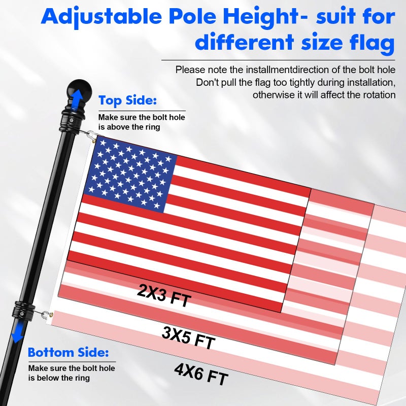 Anovo Flag Pole Kit- Upgraded Holder, Stainless Steel 5 FT Flag Poles with1 Inch Metal 360Â° Rotating Flag Pole Rings Two-Position Flag Pole Bracket Mounting for Outside House Porch (5 FT-Black) - Image 3