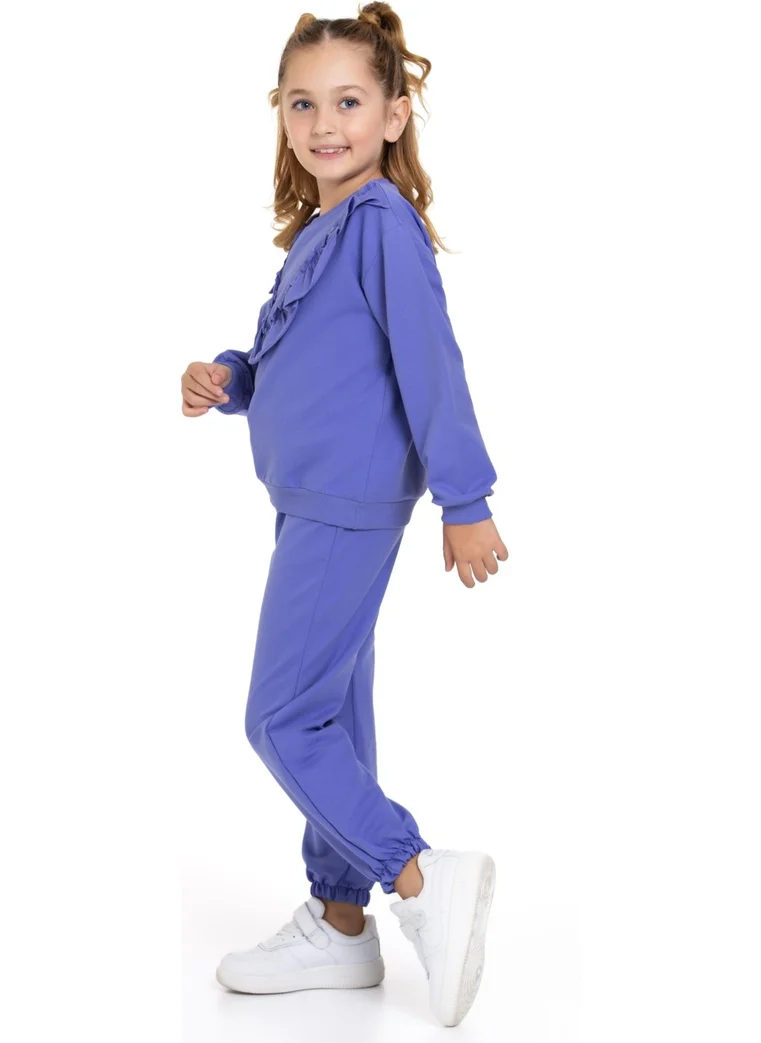زيبكيدز Crew Neck Long Sleeve Ruffle Detailed Lavender Color Girl's Two Piece Set