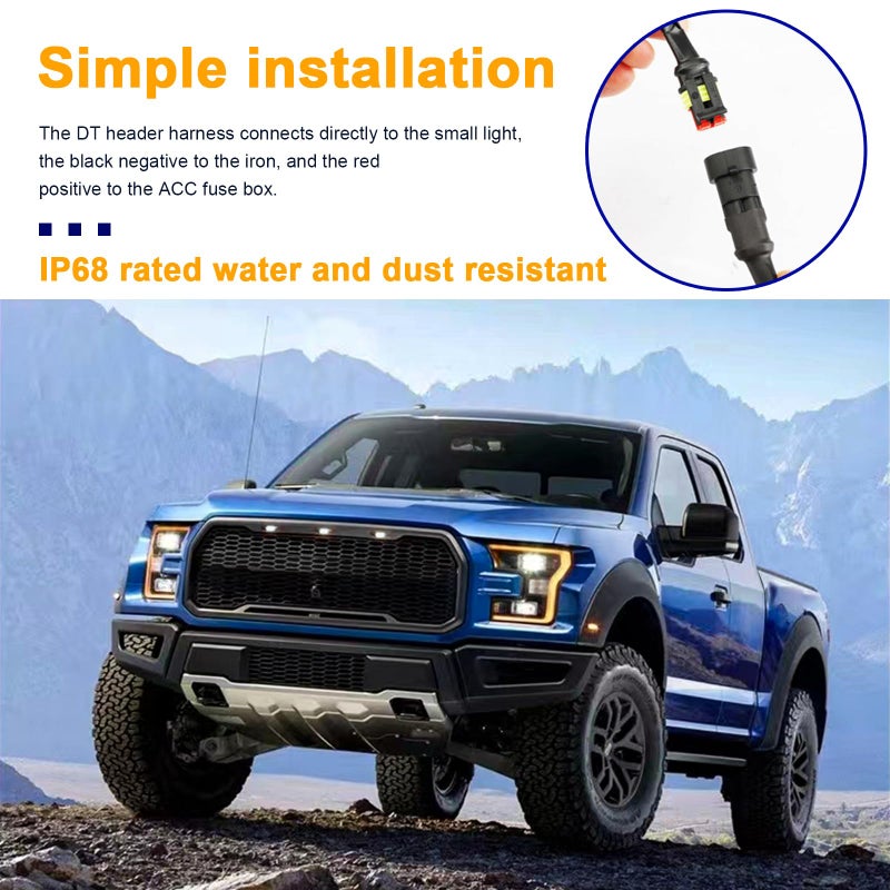 Dickno 4PCS Car Grille Lights, Bright Amber LED Grill Lights with Wiring Harness, Waterproof Front Grill Trim Lamps, Vehicle Exterior Grille Lamps Compatible with F150 F250 F350 (Black+White) - Image 5