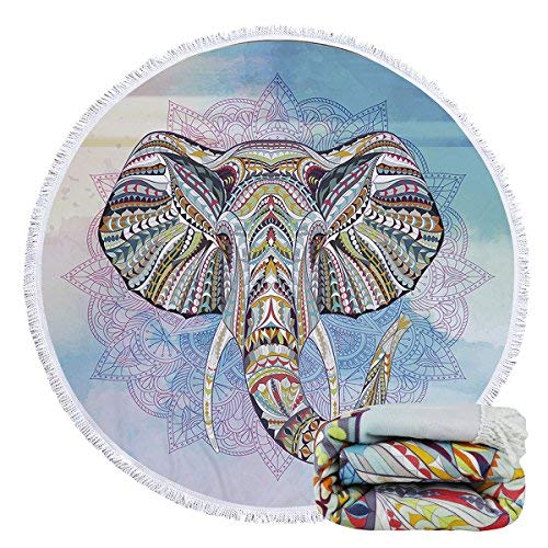Violet Mist Mandala Round Beach Towel Elephant Round Beach Blanket 60 inch Oversized Microfiber Bohemian Blanket Extra Large Swim Pool Bath Circle Towel with Tassels for Women Men Adults