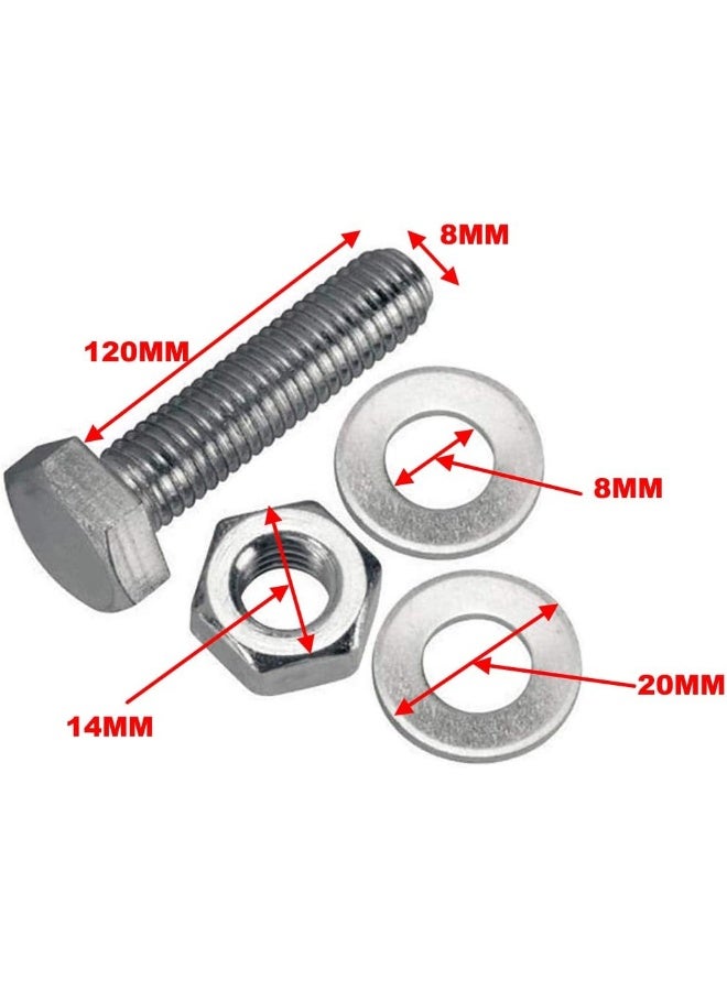 Royal Apex 12 pcs Hex Head Screw Bolts Nuts & Washers Fully Thread GI Plain Finish Bolt Set. (8, 120MM) - Image 2