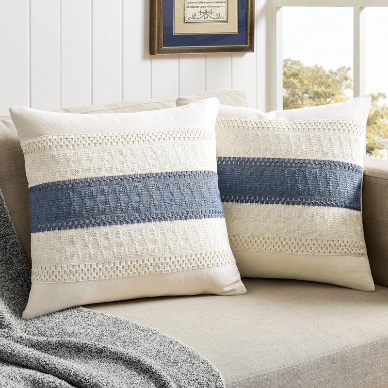 ZeeMart 2 Packs Cotton Boho Throw Pillow Covers 18x18 Inch Contrast Blue  Soft Farmhouse Decorative Couch Pillow Cases Blue Cushion Covers for Sofa Bed Living Room Home Decor - Image 1