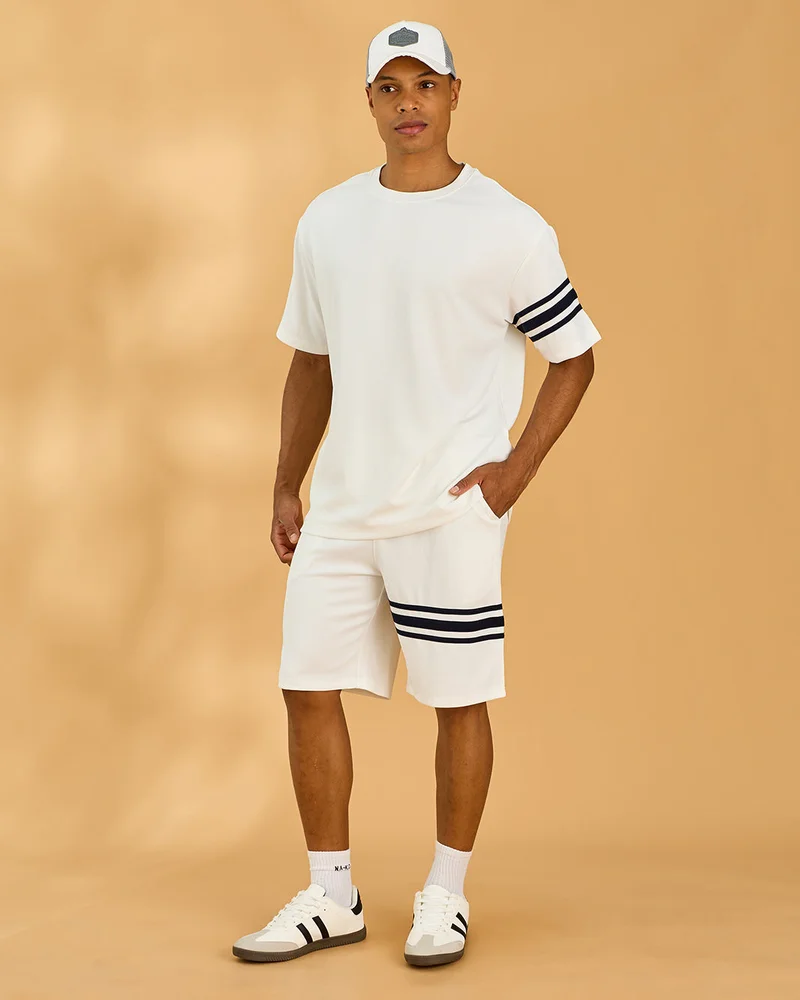 Redtag Men White Mid Length Shorts With Stripe Detail