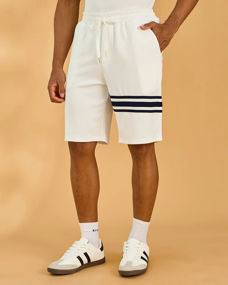 Redtag Men White Mid Length Shorts With Stripe Detail
