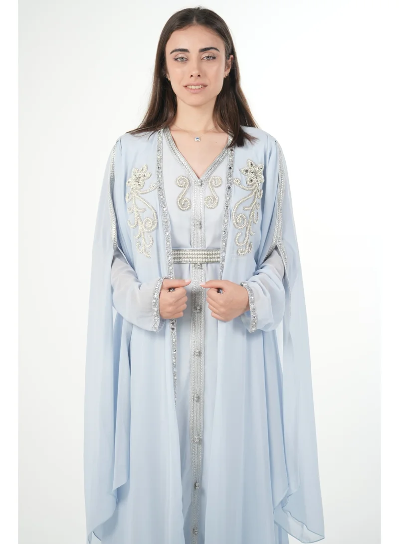 AL BENT AL SHARQIEH baby blue embroidered chiffon kaftan dress for Women | Best Price UAE