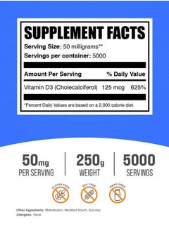 BULKSUPPLEMENTS.COM .com Vitamin D3 Powder - Cholecalciferol, Vitamin D Supplements, Vitamin D3 5000 IU - Gluten Free, 50mg (125mcg of Vitamin D3) per Serving, 250g (8.8 oz) (Pack of 1)  - Image 2