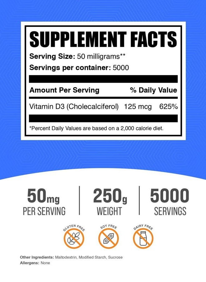BULKSUPPLEMENTS.COM .com Vitamin D3 Powder - Cholecalciferol, Vitamin D Supplements, Vitamin D3 5000 IU - Gluten Free, 50mg (125mcg of Vitamin D3) per Serving, 250g (8.8 oz) (Pack of 1) - Image 2