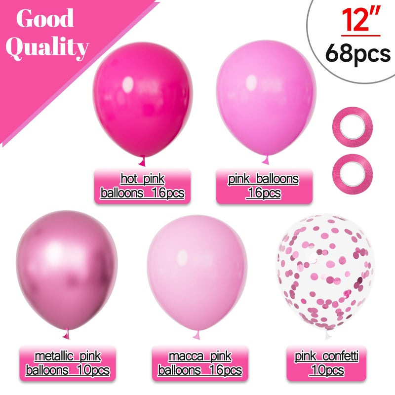 KUULBELA 68Pcs Pink Balloons Kit 12 Inch Metallic Pink Balloon, Pink Confetti Balloon and Baby Pink Party Balloons with Ribbons for Birthday, Wedding, Baby Shower, Graduation Decorations. - Image 2