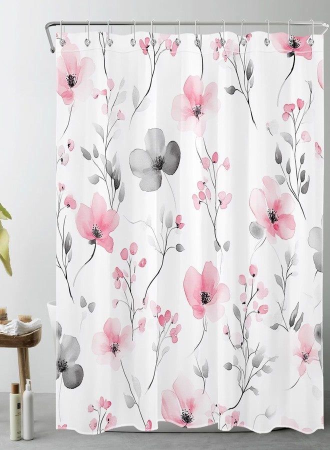 LB Watercolor Pink Floral Shower Curtain Pink and Gray Flower Shower Curtains for Bathroom with Hooks Modern Aesthetic Bathroom Decor Polyester Fabric 72Lx72W Inch - Image 1