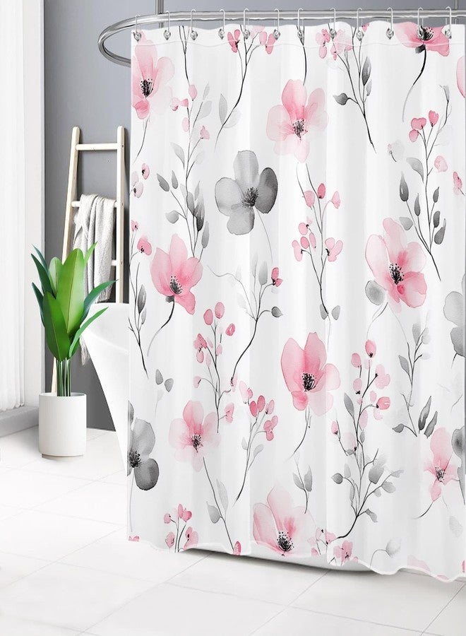 LB Watercolor Pink Floral Shower Curtain Pink and Gray Flower Shower Curtains for Bathroom with Hooks Modern Aesthetic Bathroom Decor Polyester Fabric 72Lx72W Inch - Image 2