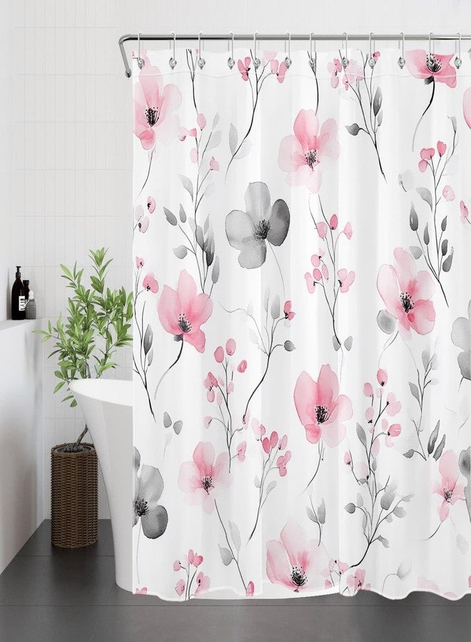 LB Watercolor Pink Floral Shower Curtain Pink and Gray Flower Shower Curtains for Bathroom with Hooks Modern Aesthetic Bathroom Decor Polyester Fabric 72Lx72W Inch - Image 3