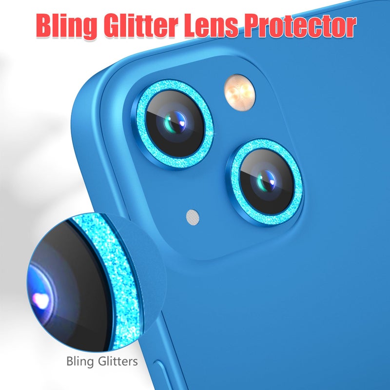 AGVEE 3+3 6 Pack for iPhone 15 6.1" / 15 Plus 6.7" Camera Lens Protector, Bling Diamond & Bling Glitter Metal Ring 9H Tempered HD Glass Camera Cover Film, Bling-Blue - Image 5